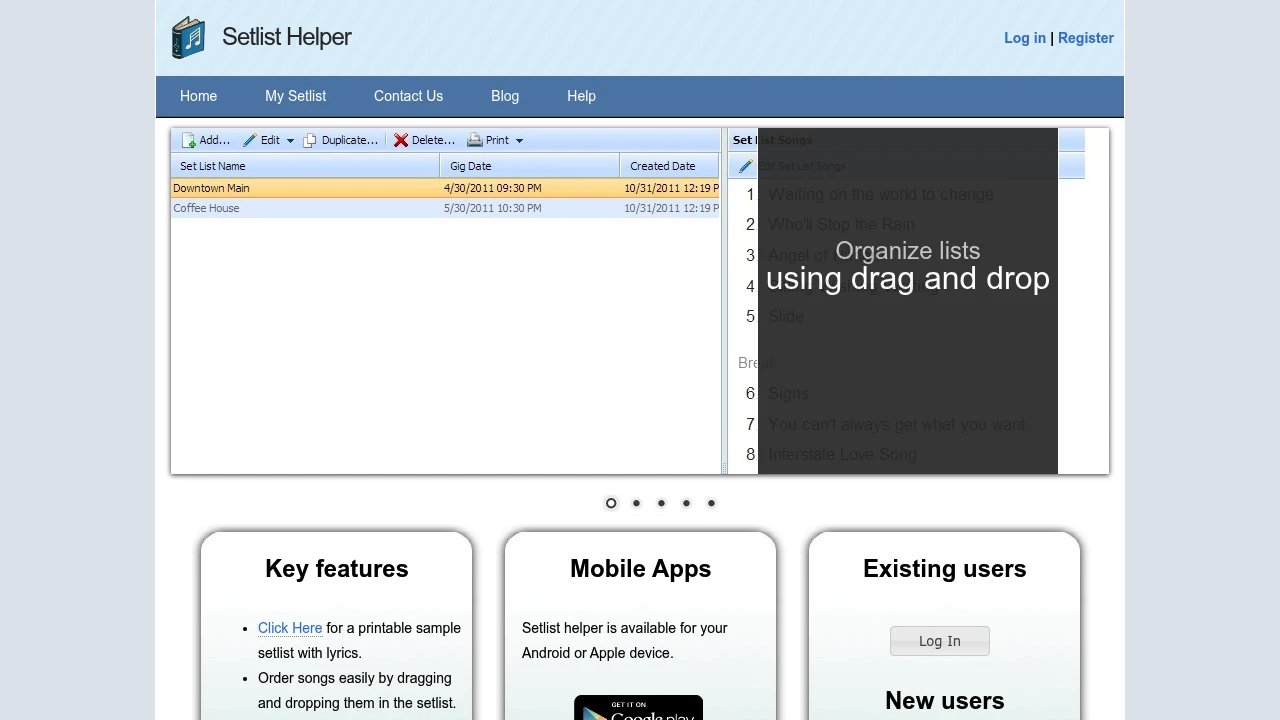 Screenshot of Setlist Helper website