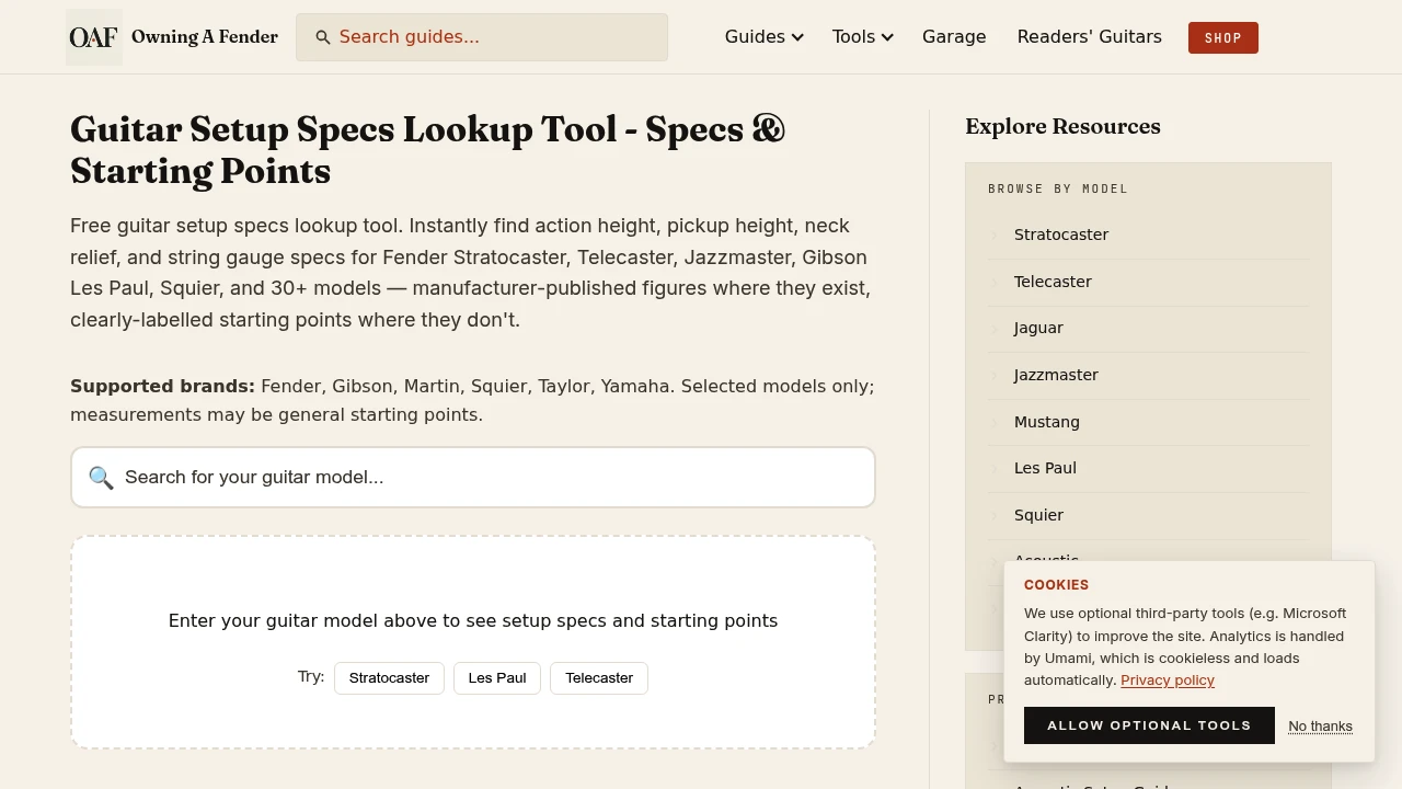Screenshot of Guitar Setup Specs Lookup website