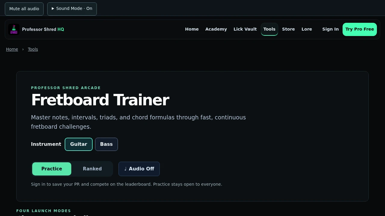 Screenshot of Professor Shred Fretboard Trainer website