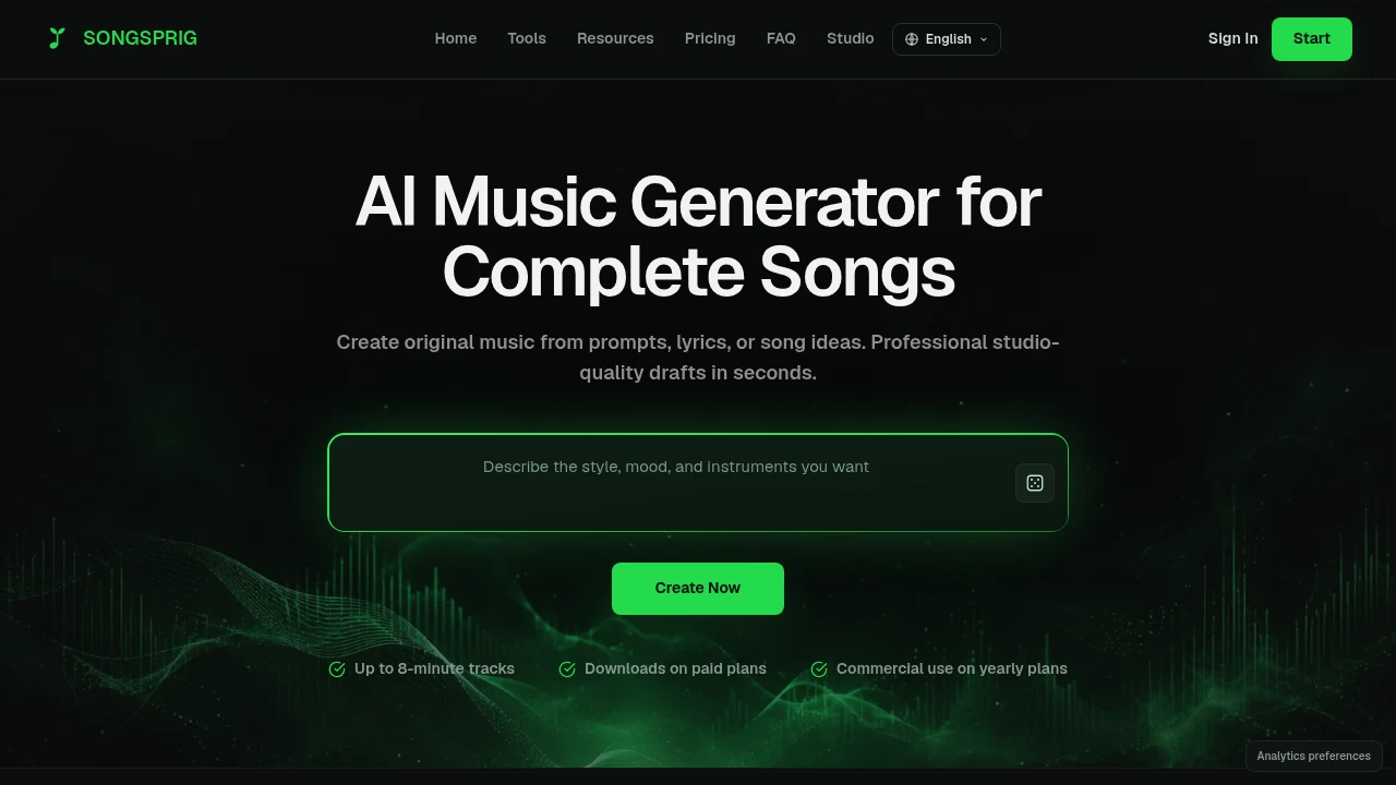 Screenshot of SongSprig website