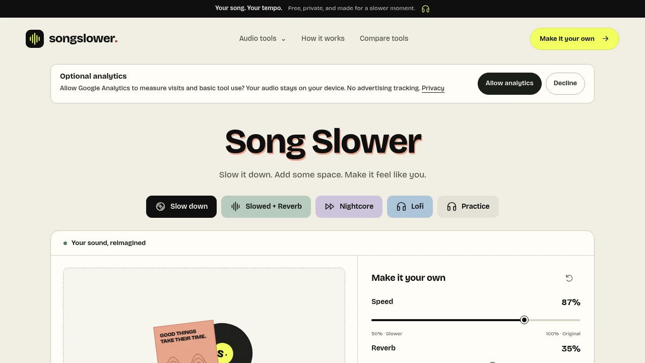 Screenshot of Song Slower website