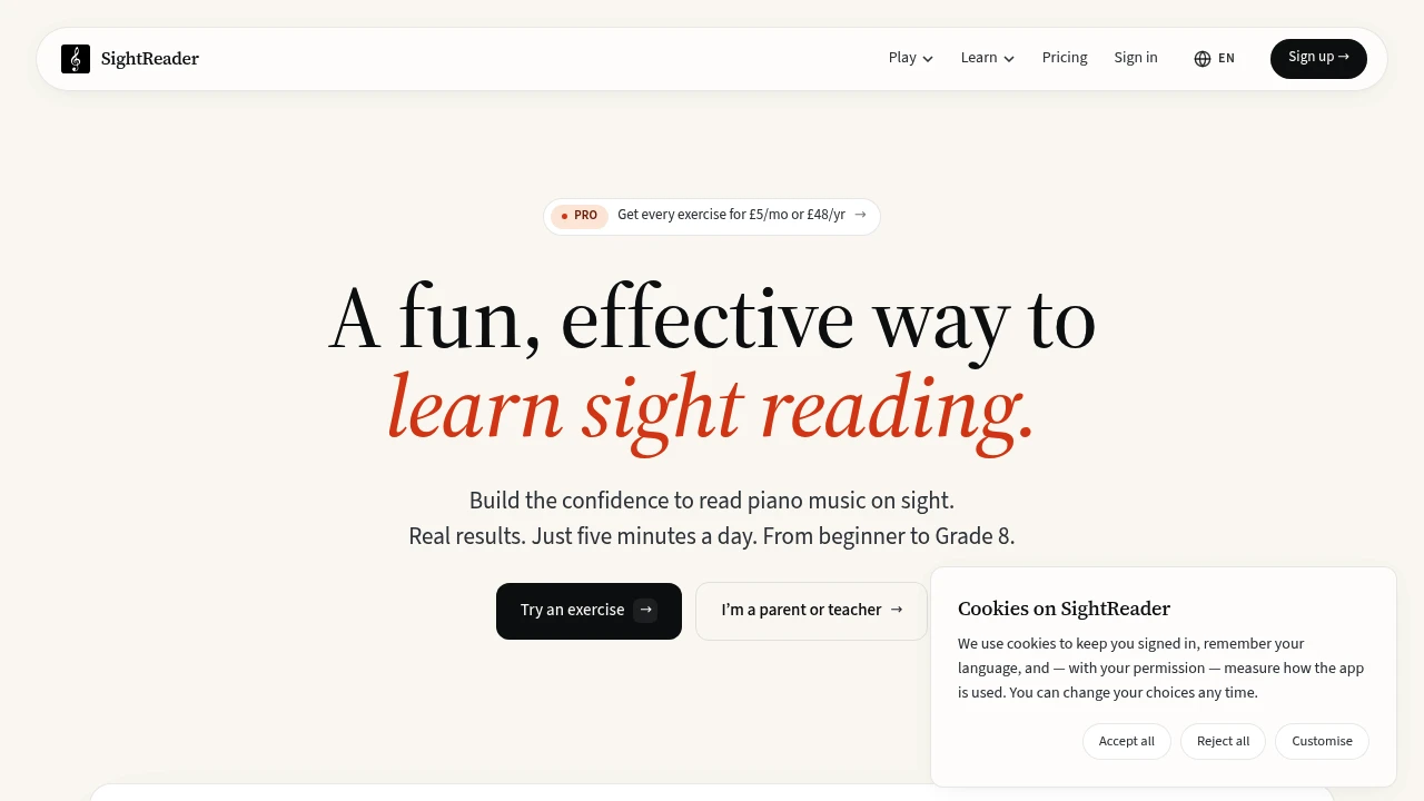 Screenshot of SightReader website