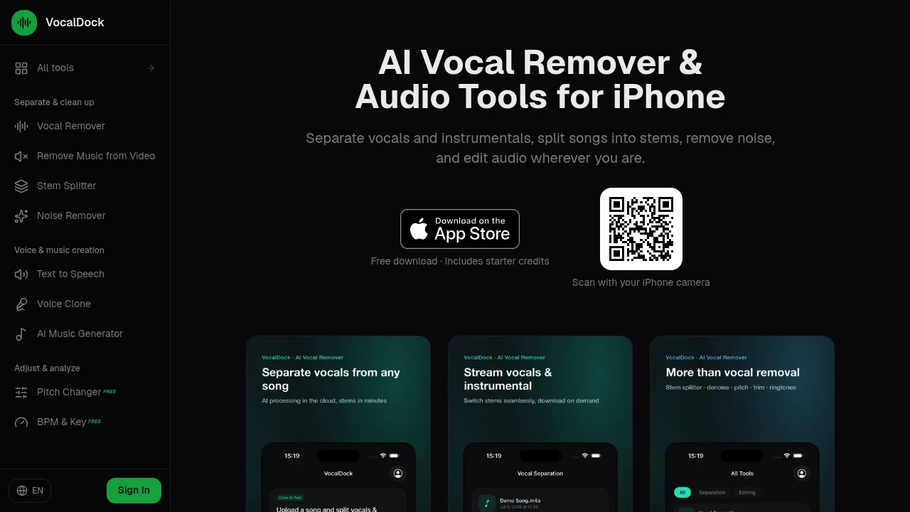 Screenshot of VocalDock website