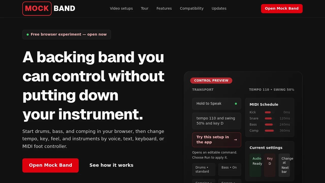 Screenshot of Mock Band website