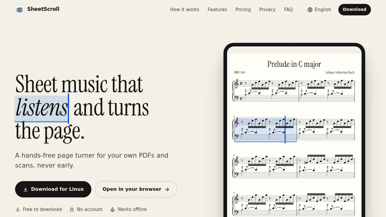 Screenshot of SheetScroll website