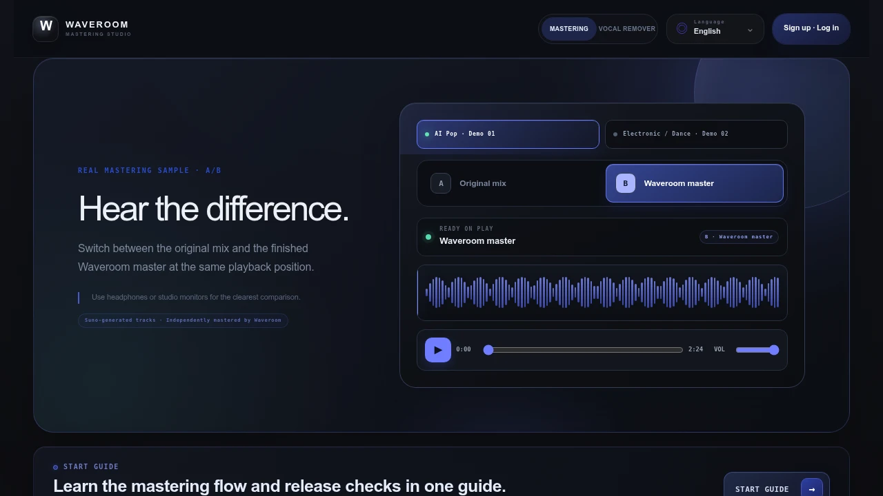 Screenshot of Waveroom Mastering website